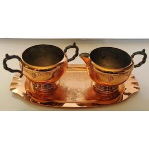 Vintage Viking Plated Sugar Creamer & Tray Set E.P. Copper Lead Mounts Grapevine